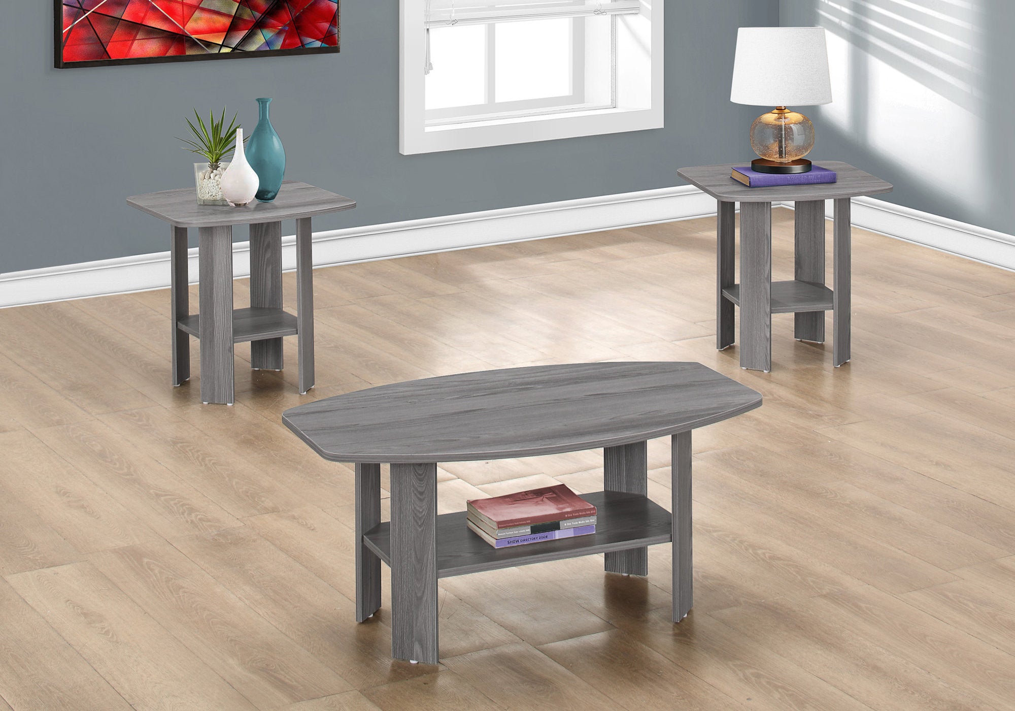 Set of Three 36" Gray Coffee Table With Shelf-4