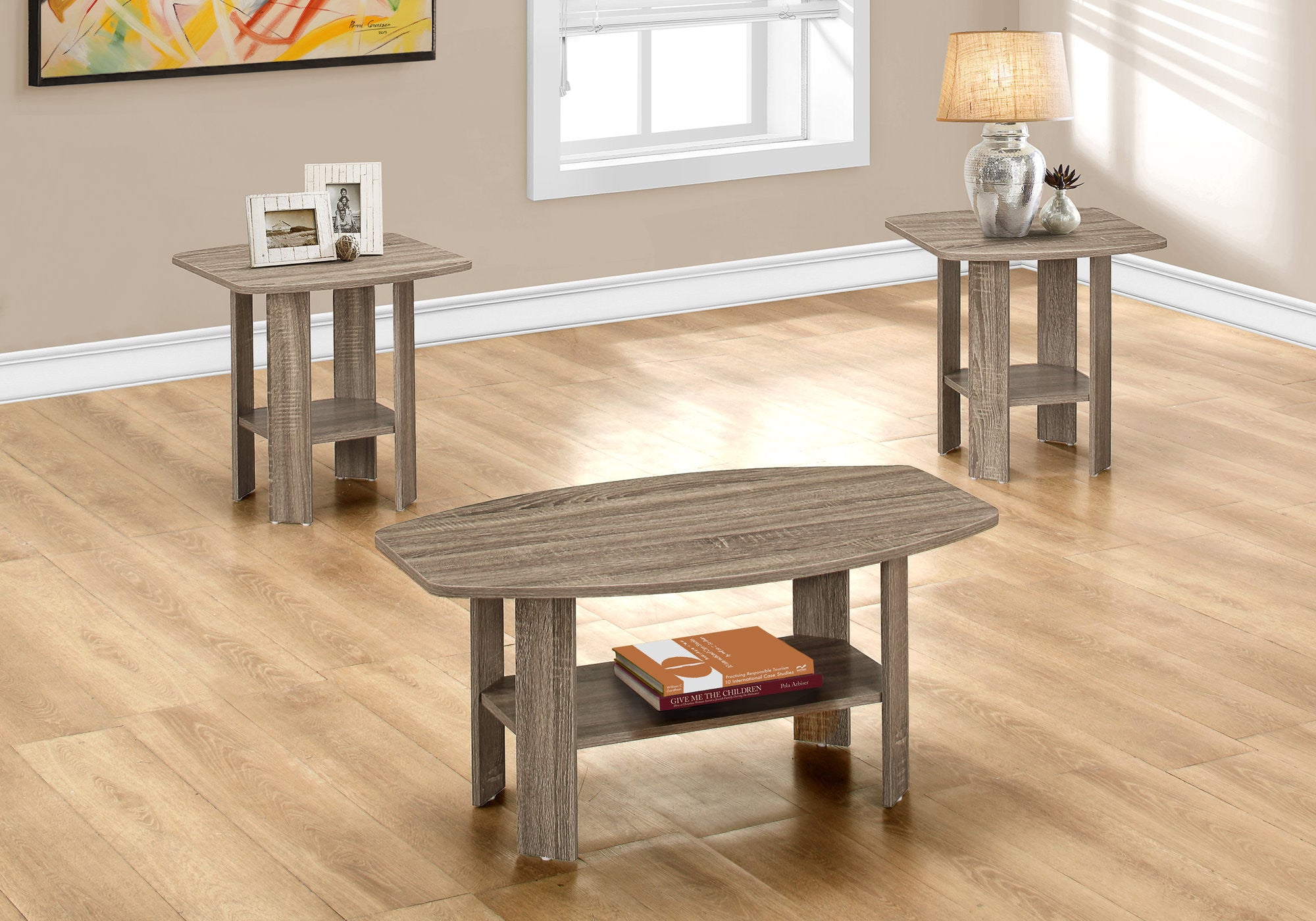 Set of Three 36" Taupe Coffee Table With Shelf-4