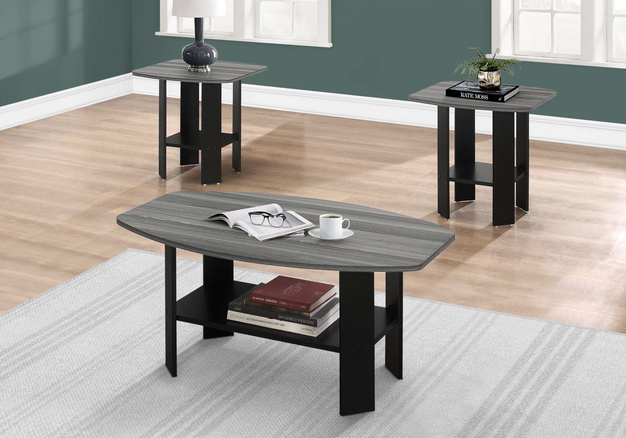 Set of Three 36" Gray And Black Wood Coffee Table With Shelf-5
