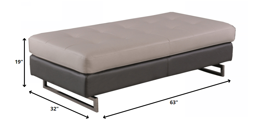 63" Taupe Brown and Silver Faux Leather Tufted Ottoman-5