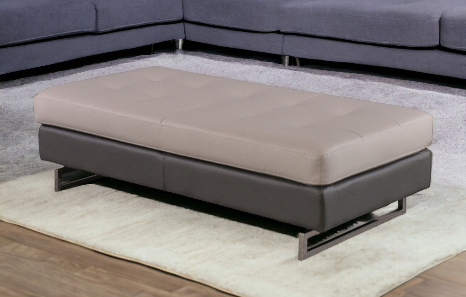63" Taupe Brown and Silver Faux Leather Tufted Ottoman-0