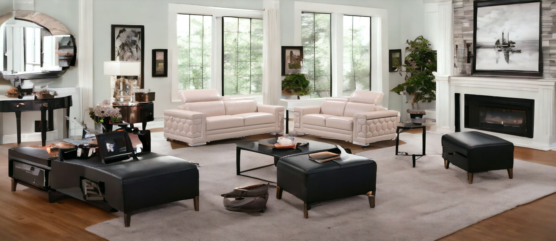 Two Piece Indoor Beige Italian Leather Five Person Seating Set-0