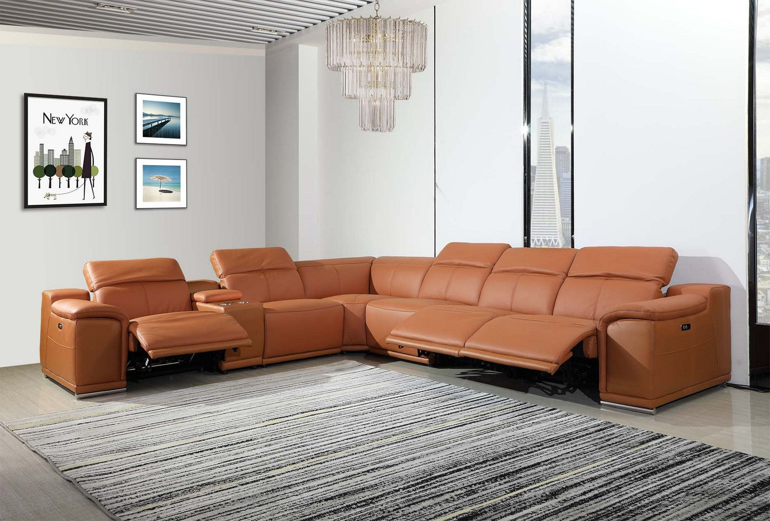 Camel Italian Leather Power Reclining U Shaped Seven Piece Corner Sectional With Console-6