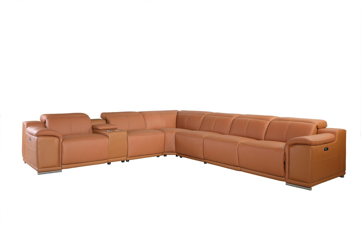 Camel Italian Leather Power Reclining U Shaped Seven Piece Corner Sectional With Console-0