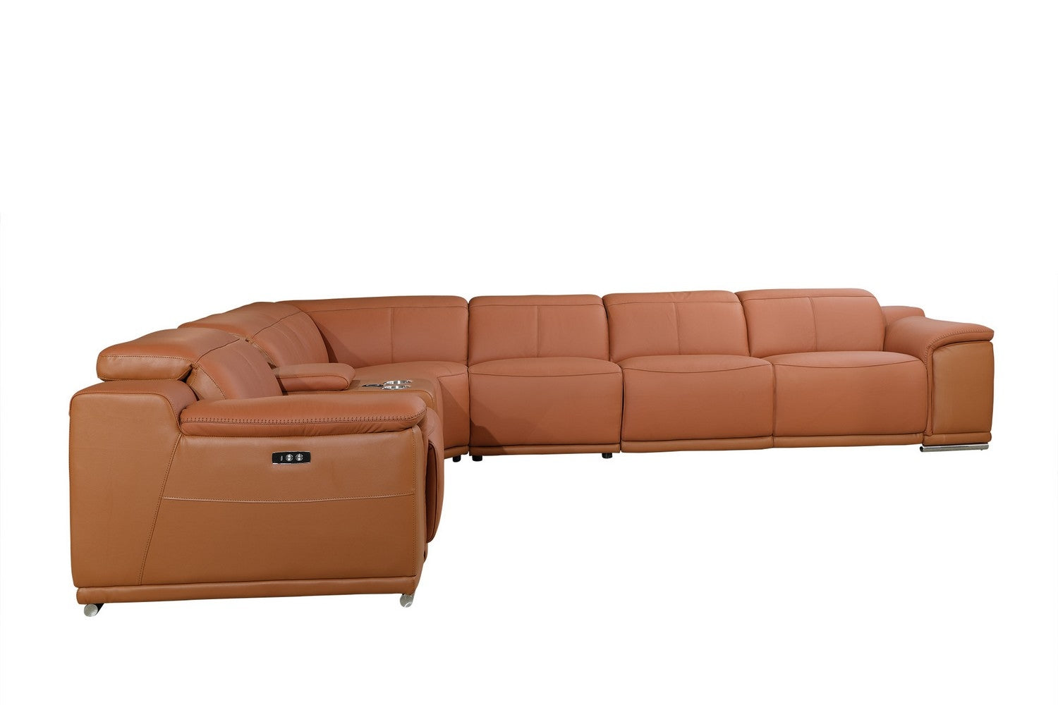 Camel Italian Leather Power Reclining U Shaped Seven Piece Corner Sectional With Console-2