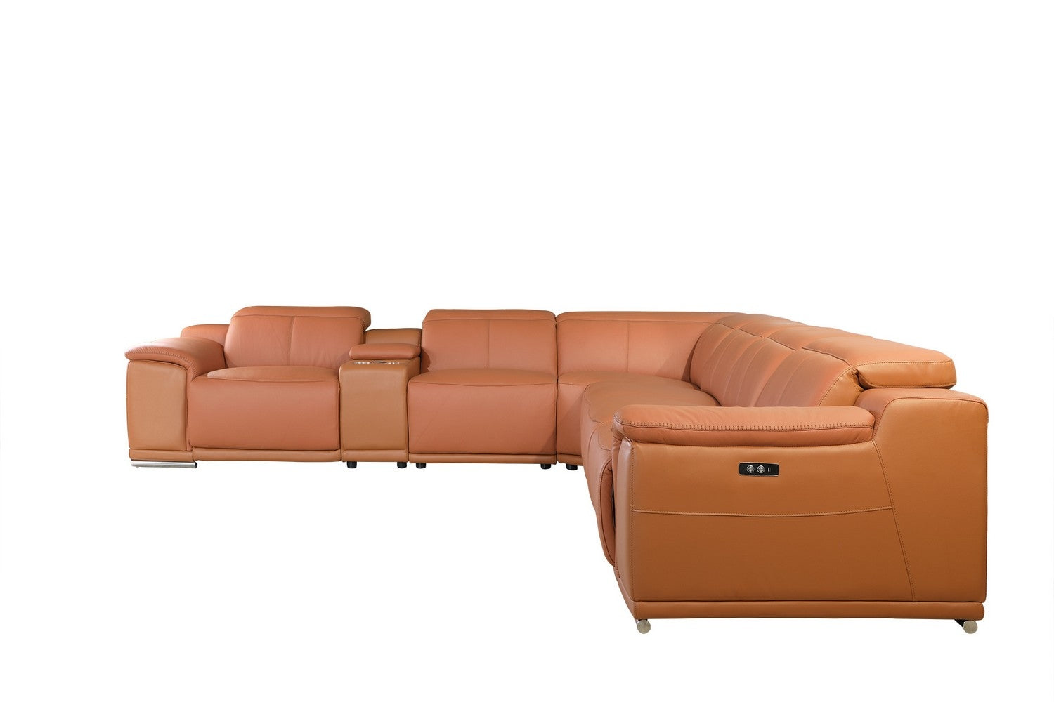 Camel Italian Leather Power Reclining U Shaped Seven Piece Corner Sectional With Console-3