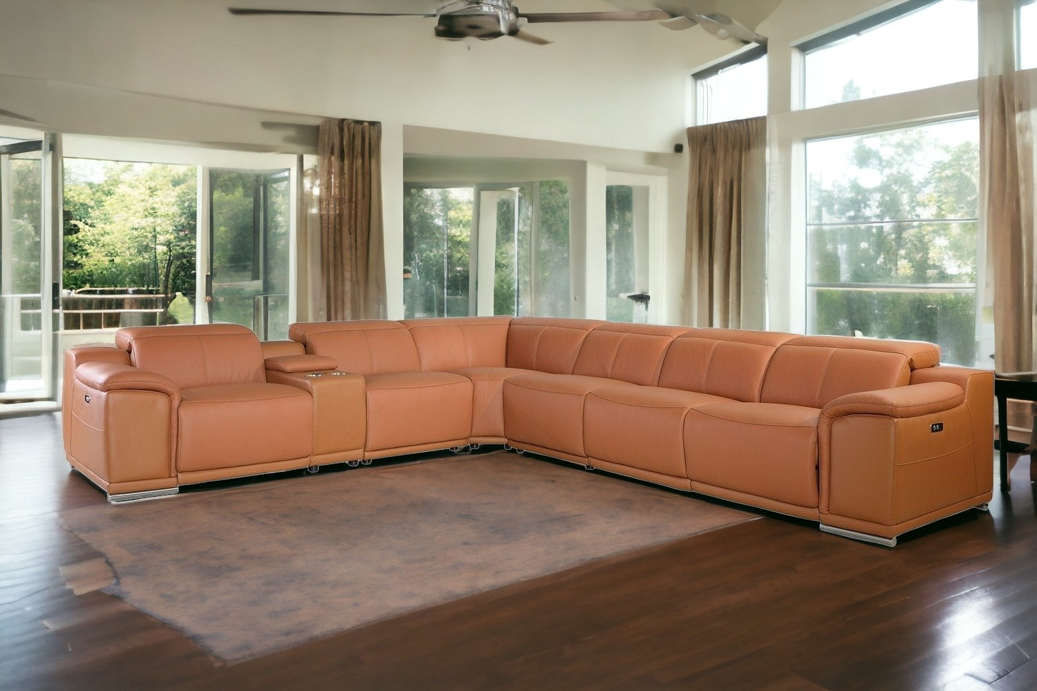 Camel Italian Leather Power Reclining U Shaped Seven Piece Corner Sectional With Console-1