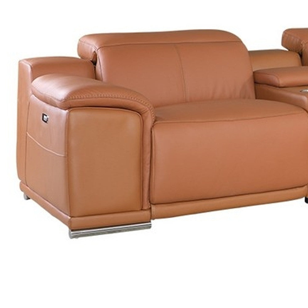 Camel Italian Leather Power Reclining U Shaped Seven Piece Corner Sectional With Console-5
