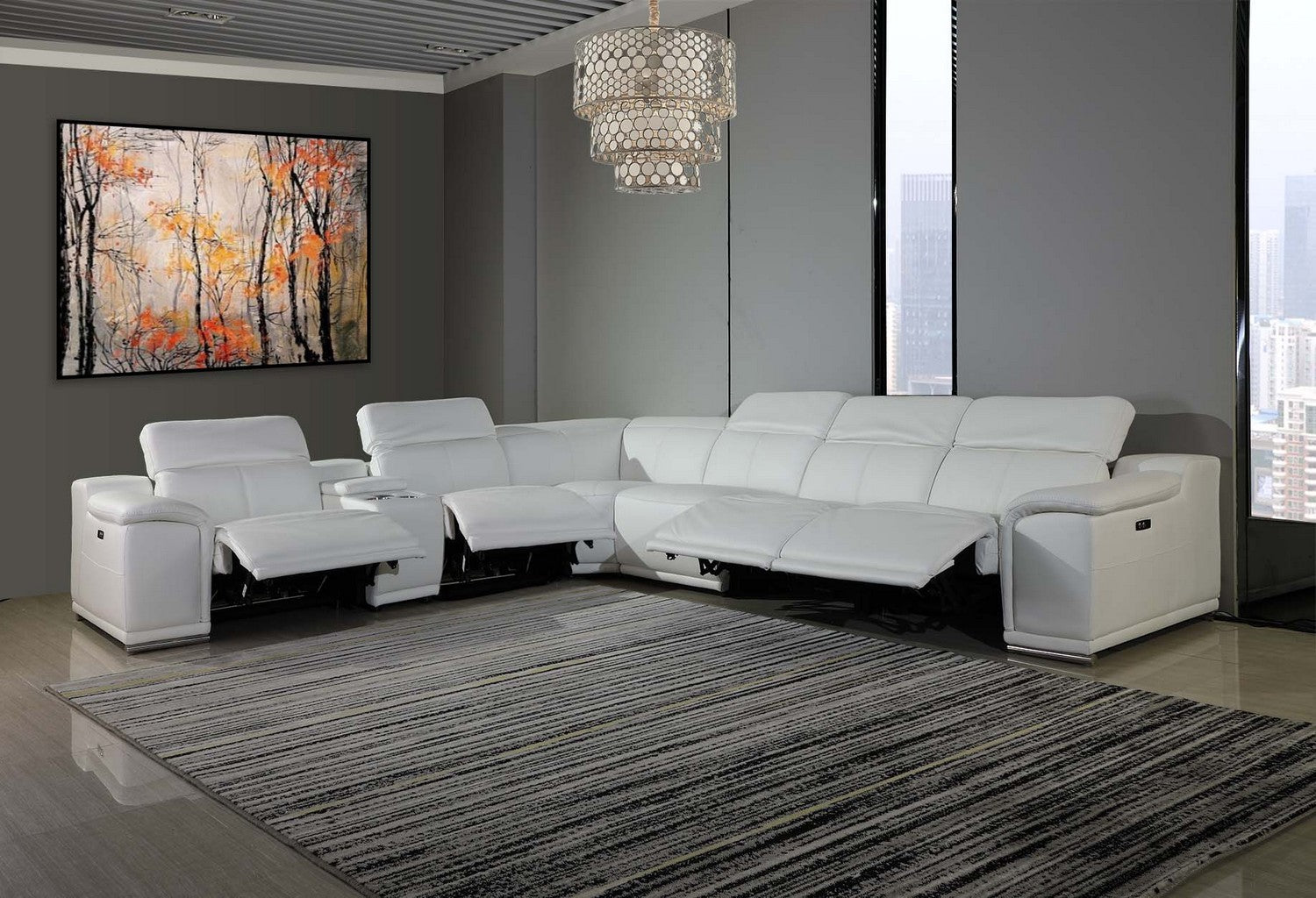 White Italian Leather Power Reclining U Shaped Seven Piece Corner Sectional With Console-6