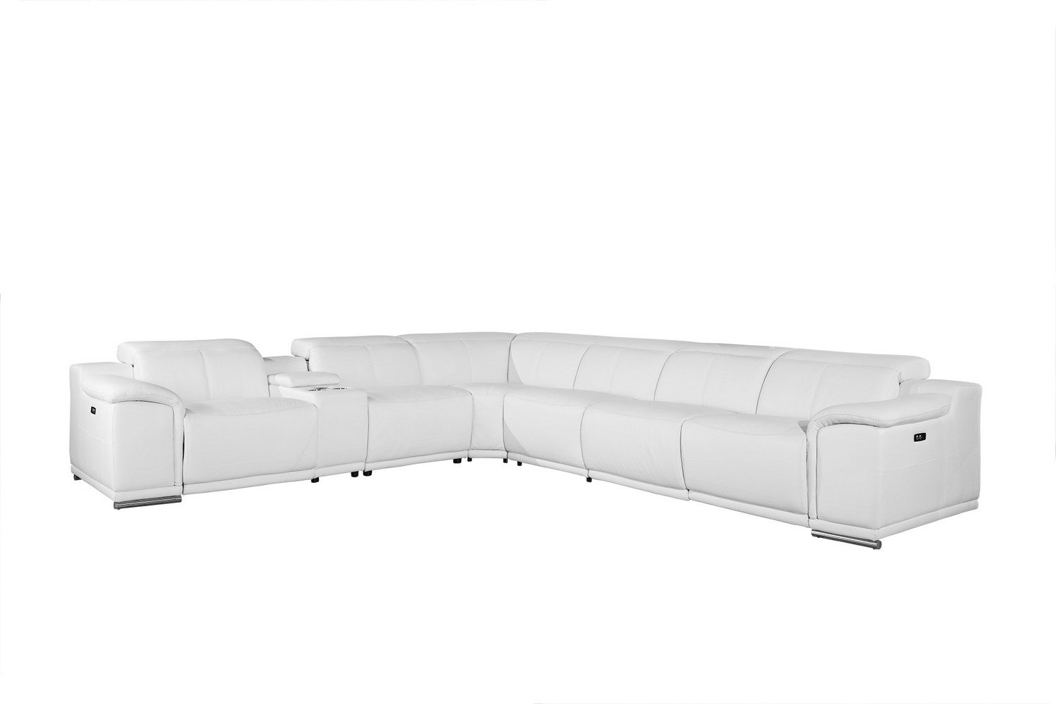 White Italian Leather Power Reclining U Shaped Seven Piece Corner Sectional With Console-0