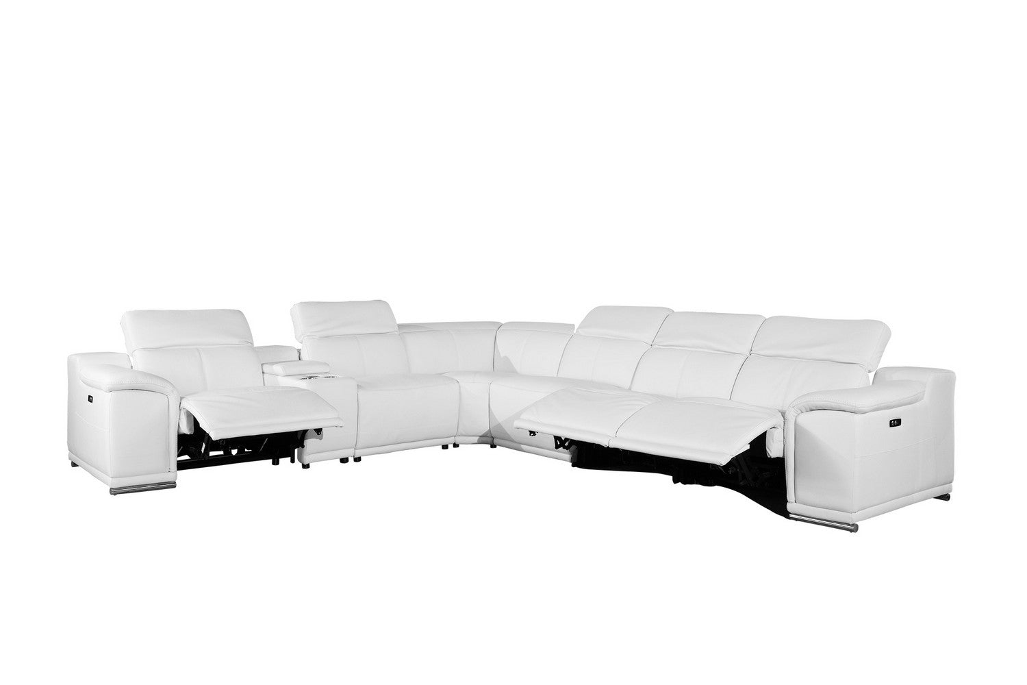 White Italian Leather Power Reclining U Shaped Seven Piece Corner Sectional With Console-3