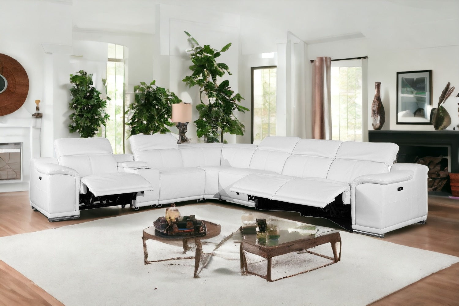 White Italian Leather Power Reclining U Shaped Seven Piece Corner Sectional With Console-1