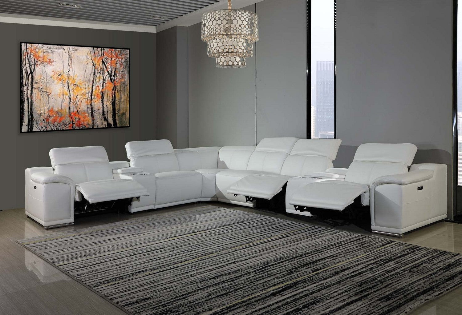 White Italian Leather Power Reclining U Shaped Eight Piece Corner Sectional With Console-6