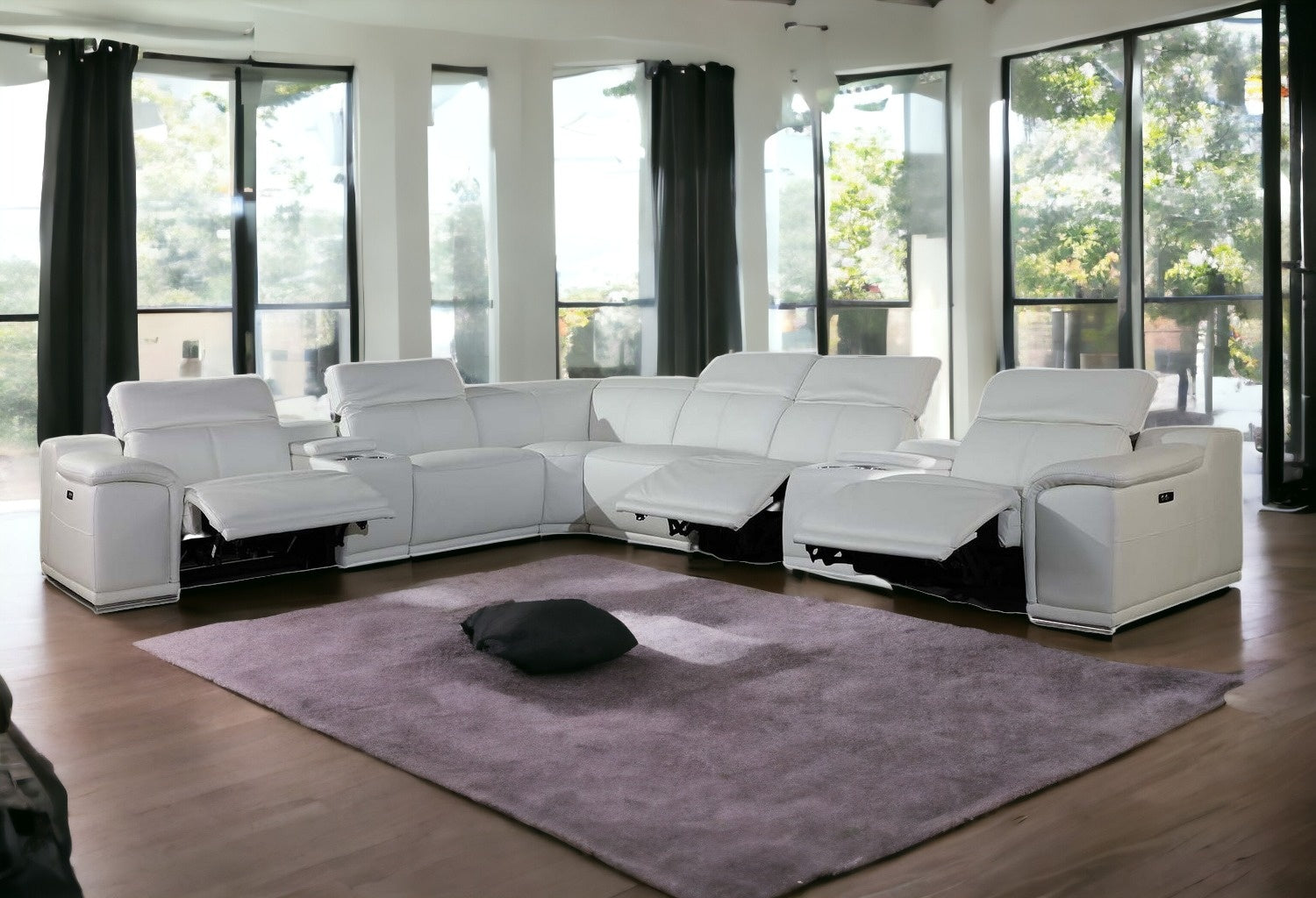 White Italian Leather Power Reclining U Shaped Eight Piece Corner Sectional With Console-0
