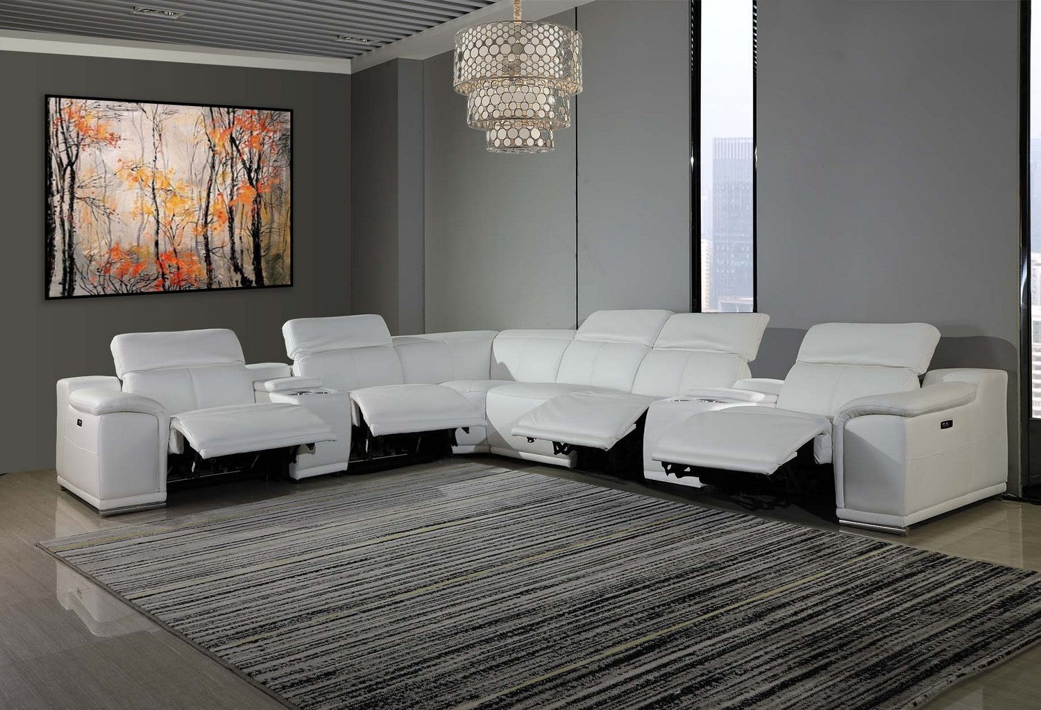 White Italian Leather Power Reclining U Shaped Eight Piece Corner Sectional With Console-6