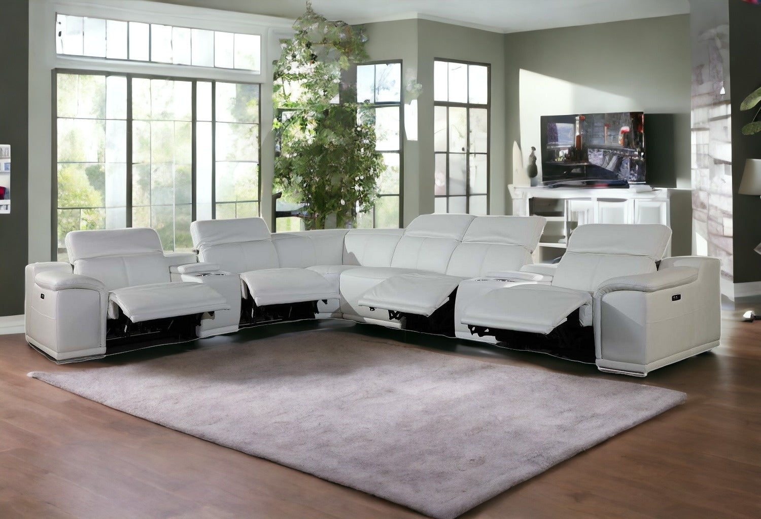White Italian Leather Power Reclining U Shaped Eight Piece Corner Sectional With Console-0