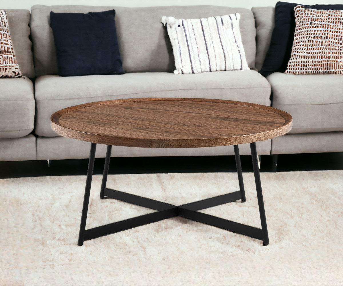 35" Brown and Black Wood And Metal Round Frame Coffee Table-1
