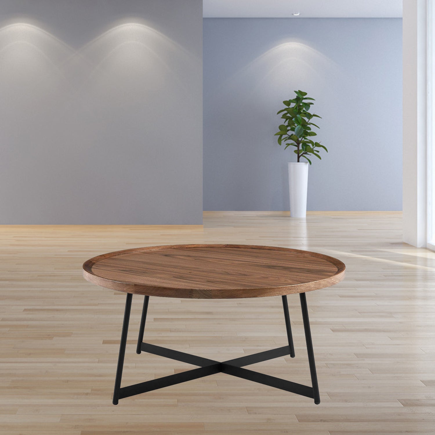 35" Brown and Black Wood And Metal Round Frame Coffee Table-8