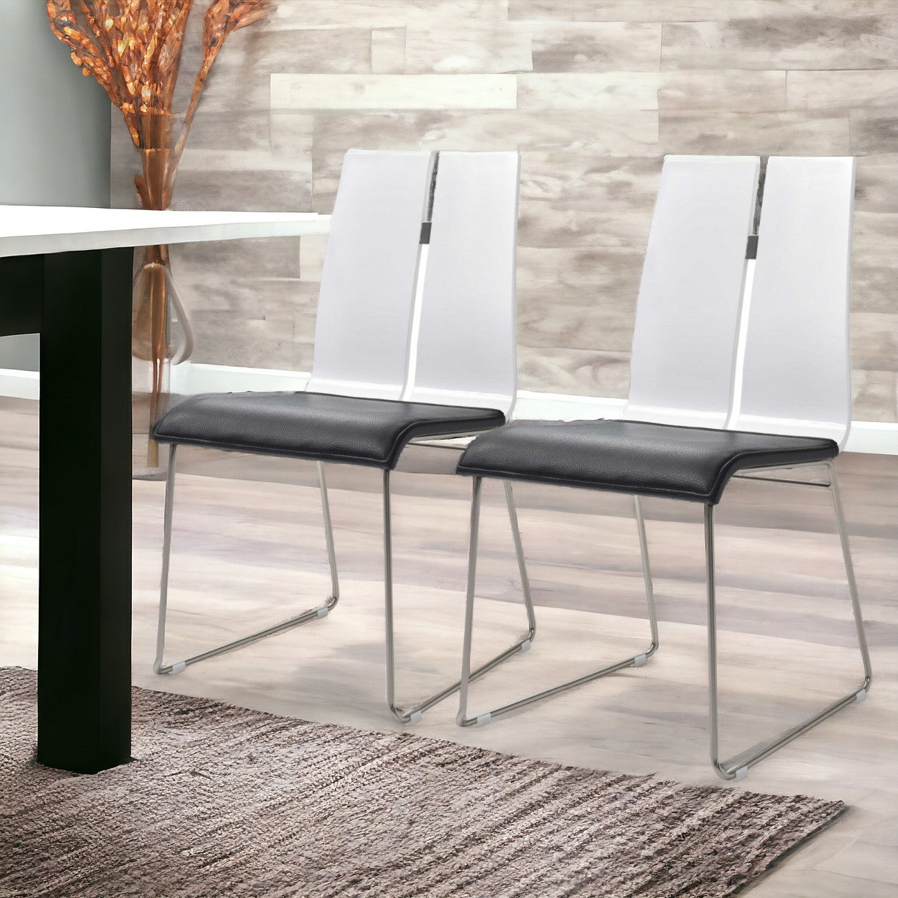 Set of Two Black and Silver Upholstered Faux Leather Dining Side Chairs-0
