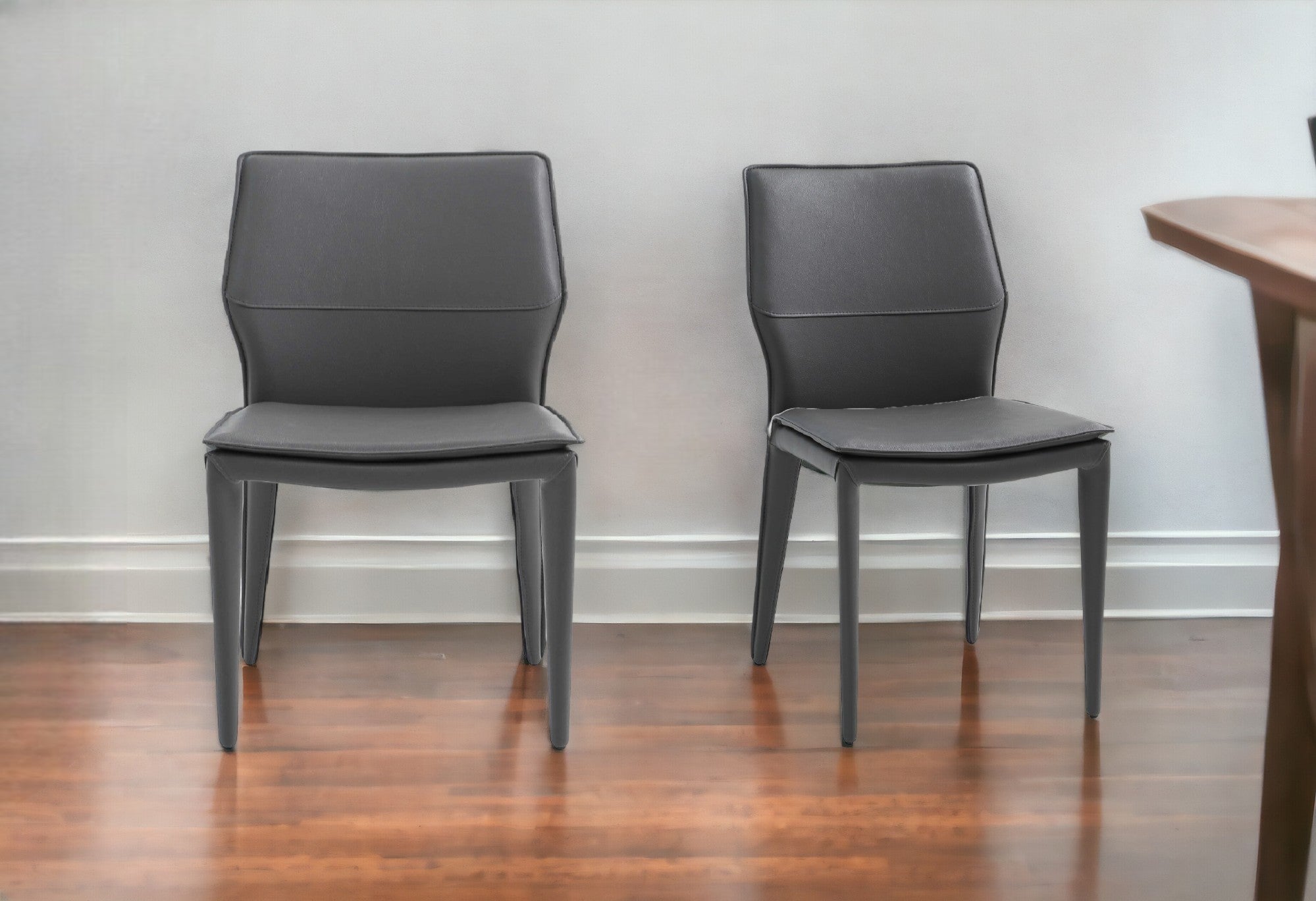 Set of Two Gray Slipcovered Upholstered Faux Leather Dining Side Chairs-0