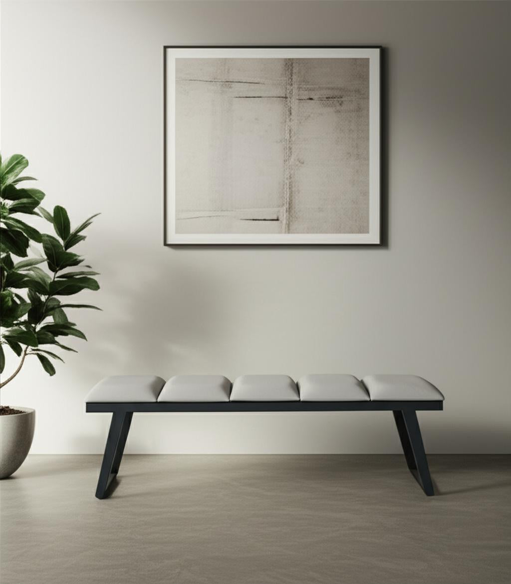 57" Light Gray and Black Upholstered Faux Leather Bench-0