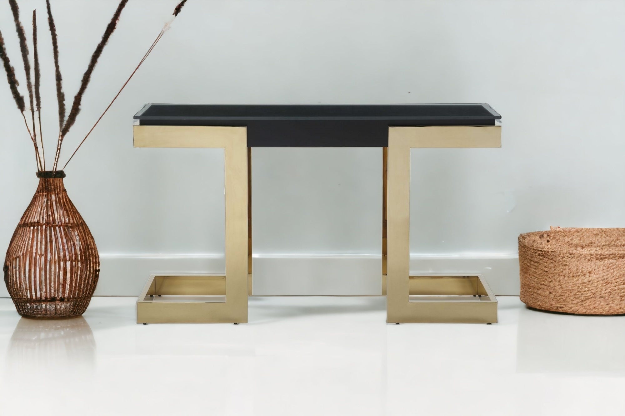 52" Black and Gold Glass Pedestal Console Table-1