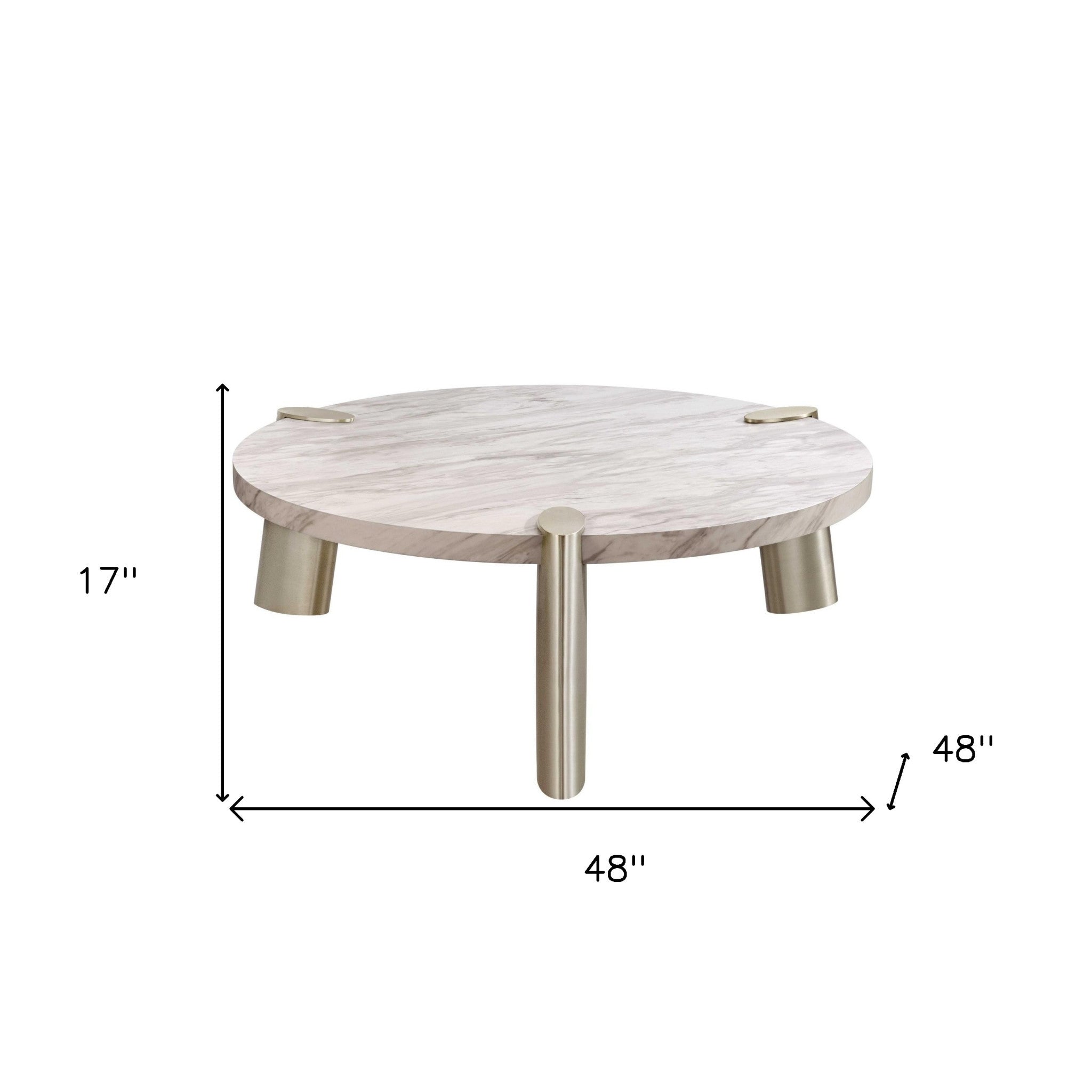 48" White and Silver Marble and Stainless Steel Round Coffee Table-6