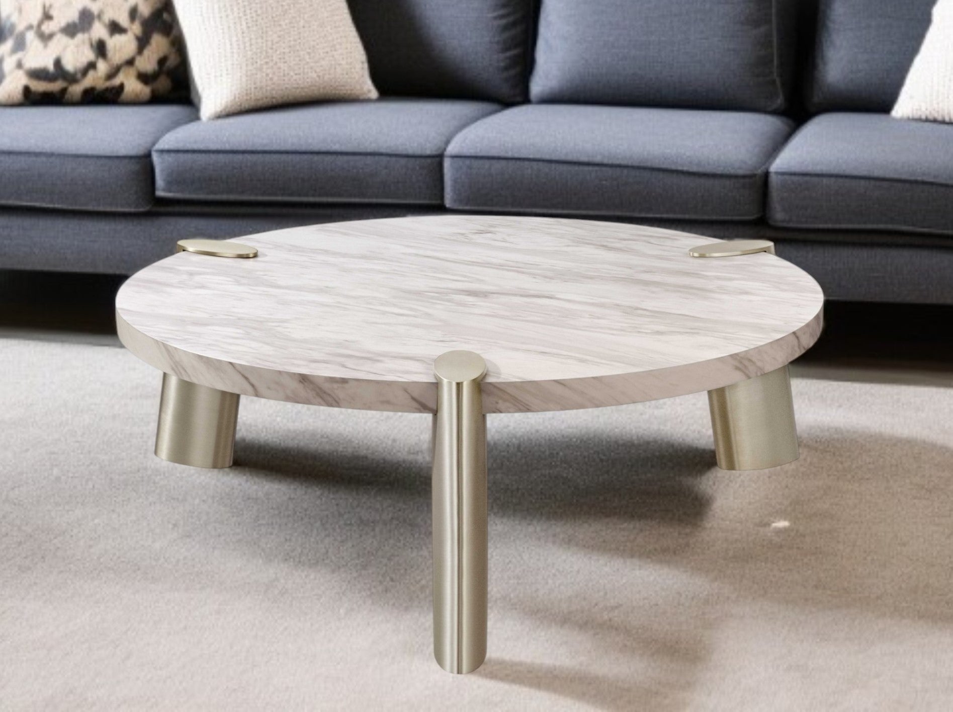 48" White and Silver Marble and Stainless Steel Round Coffee Table-0