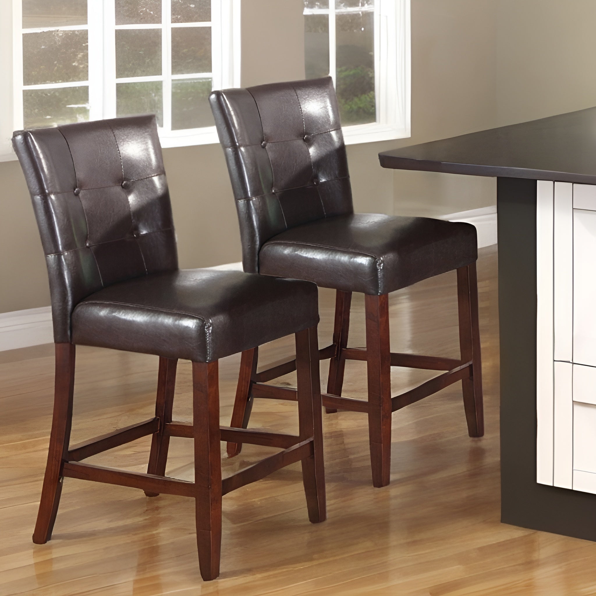 Set of Two 24" Espresso and Brown Faux Leather and Solid and Manufactured Wood Counter Height Bar Chairs-0
