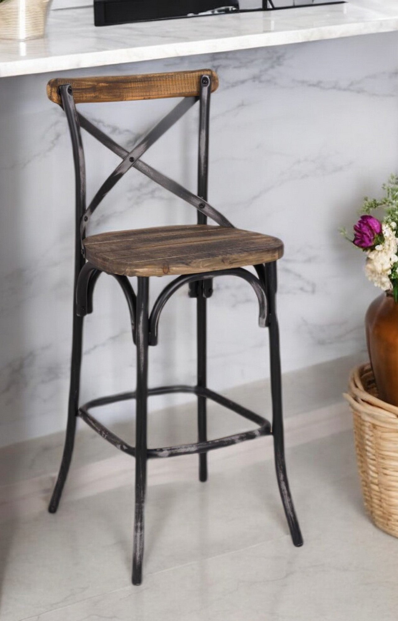22" Brown And Black Iron Bar Chair-1