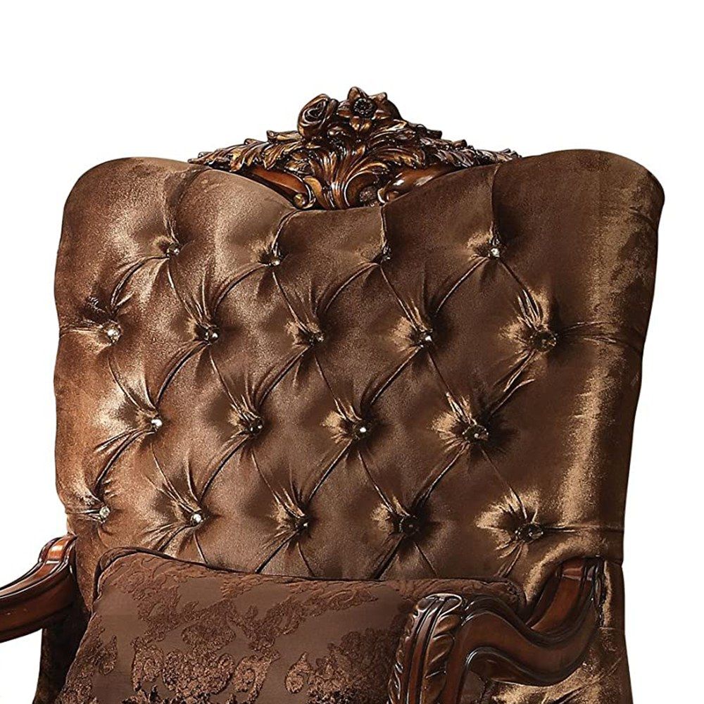 34" Golden Brown and Chocolate Velvet Tufted Arm Chair And Toss Pillow-2