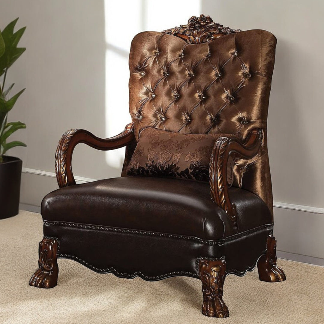 34" Golden Brown and Chocolate Velvet Tufted Arm Chair And Toss Pillow-1