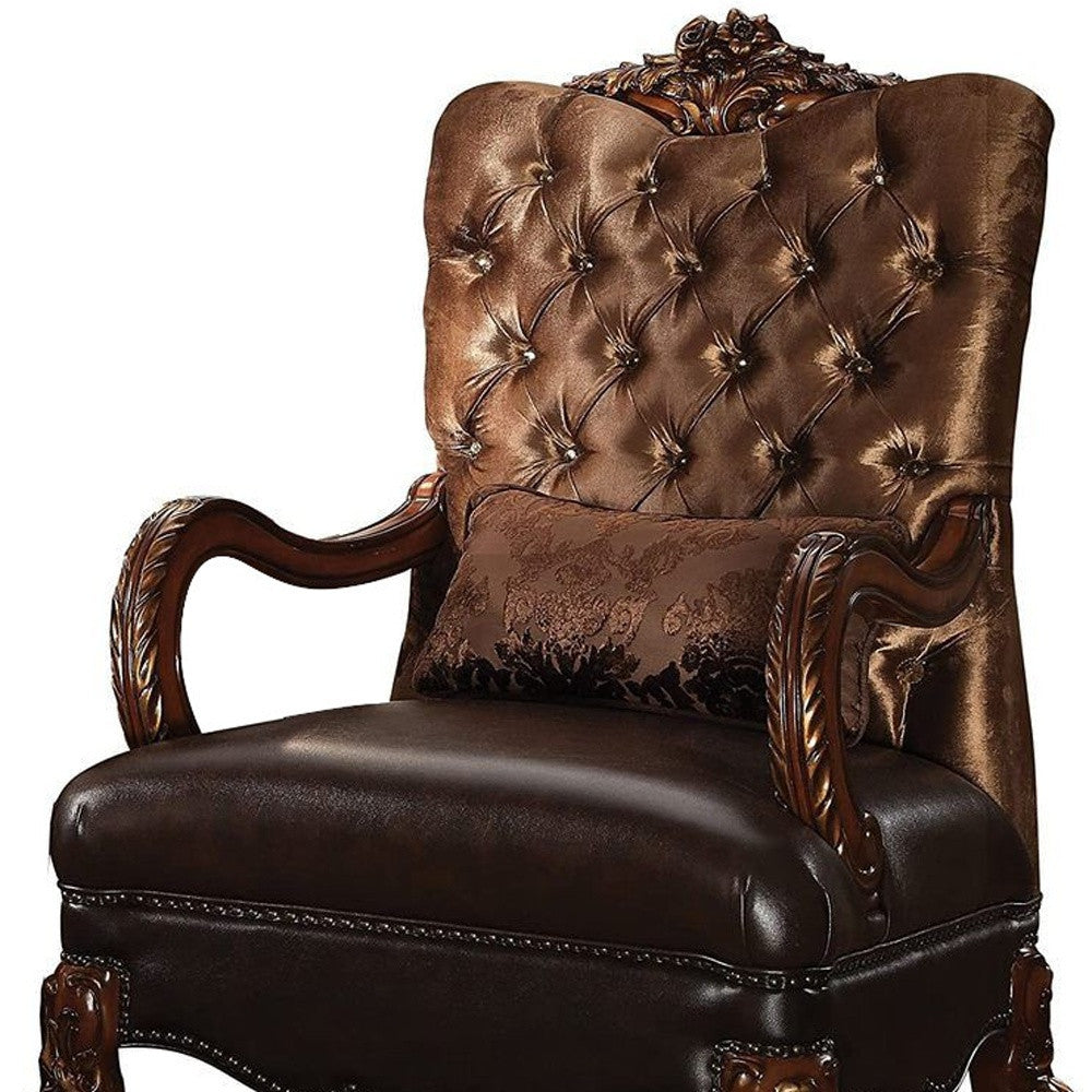 34" Golden Brown and Chocolate Velvet Tufted Arm Chair And Toss Pillow-3
