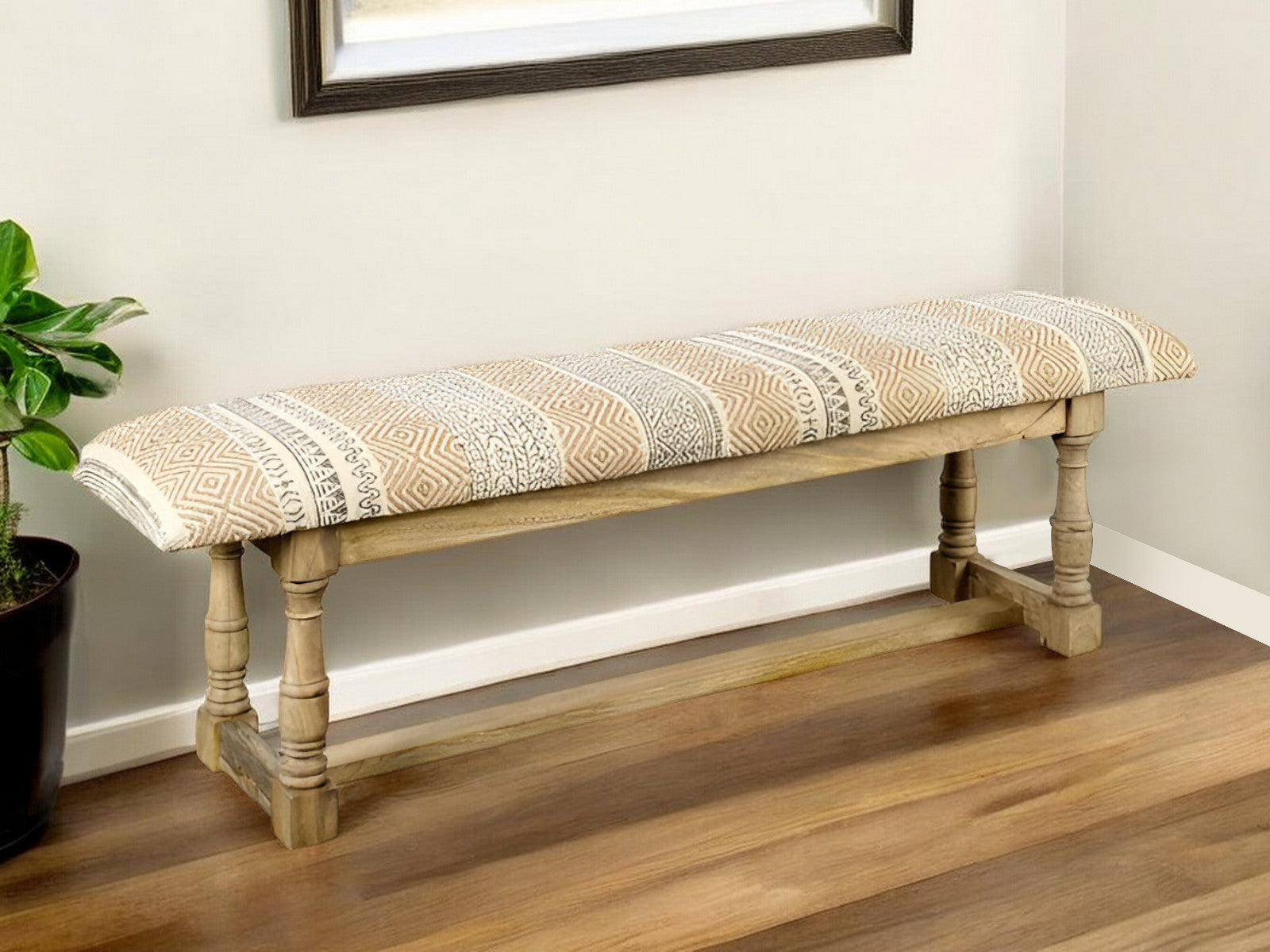 59" Beige Orange and Brown Geometric Upholstered Jute Accent Bench-0
