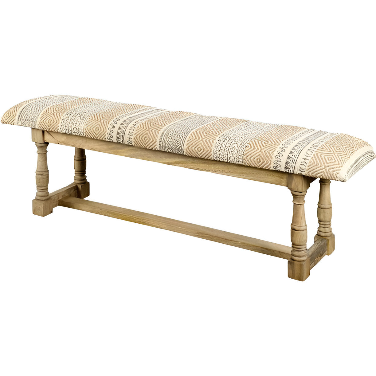 59" Beige Orange and Brown Geometric Upholstered Jute Accent Bench-1