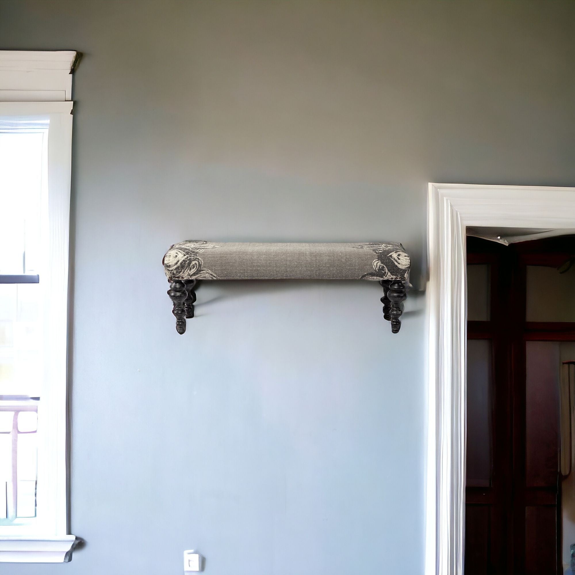 55" Gray and Black Upholstered Cotton Blend Floral Distressed Bench-3