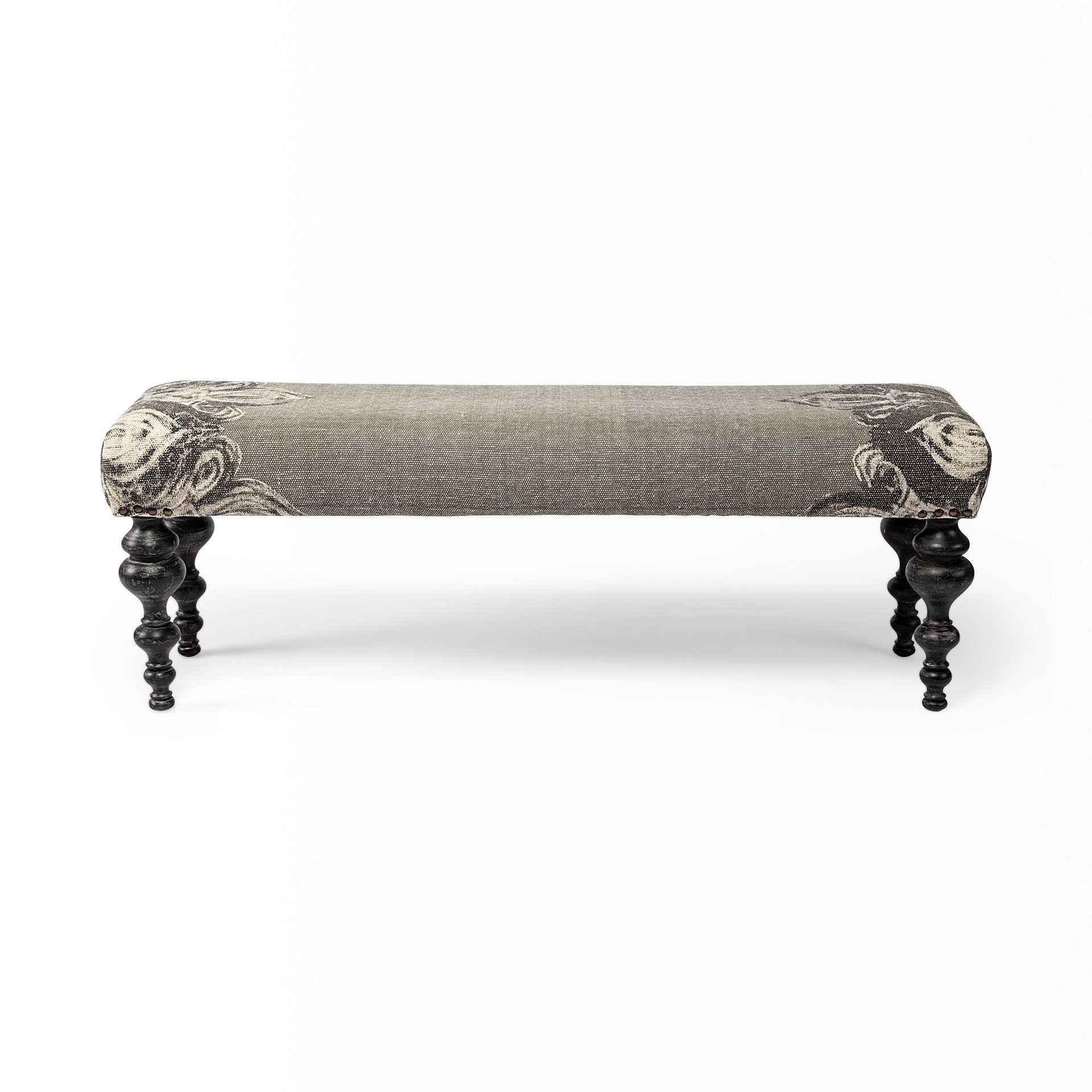55" Gray and Black Upholstered Cotton Blend Floral Distressed Bench-0