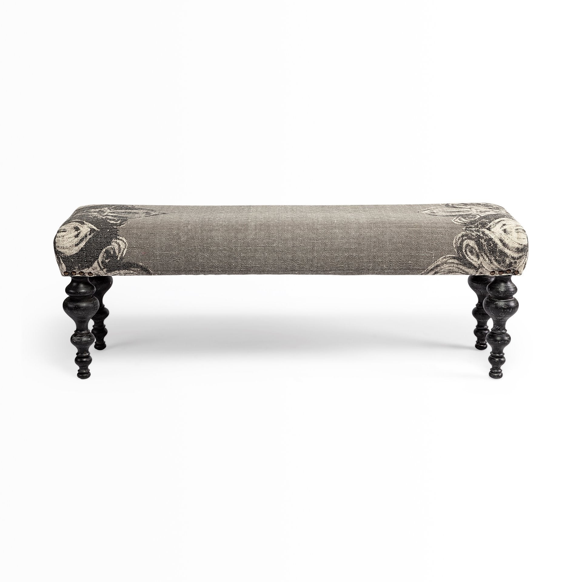 55" Gray and Black Upholstered Cotton Blend Floral Distressed Bench-5
