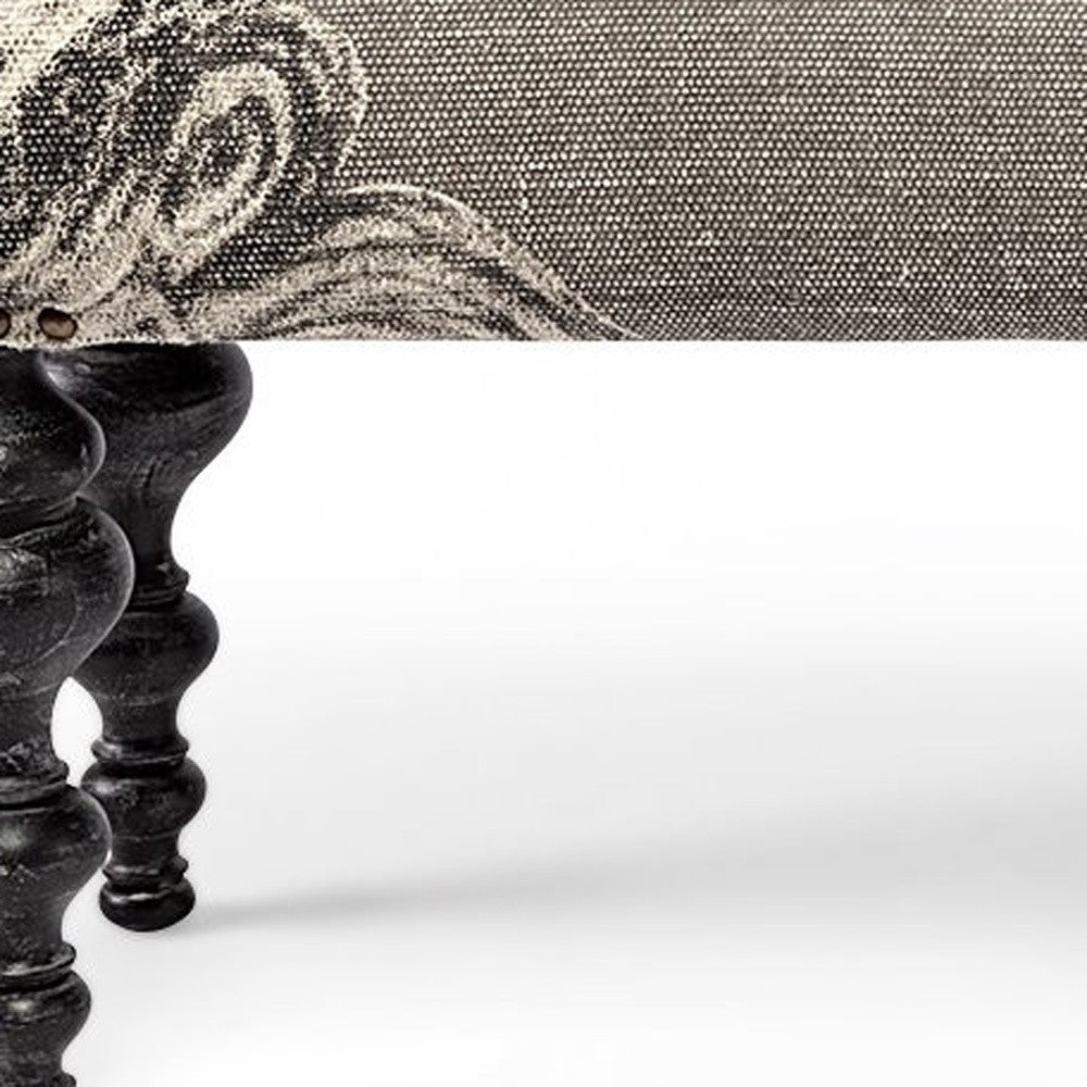 55" Gray and Black Upholstered Cotton Blend Floral Distressed Bench-6