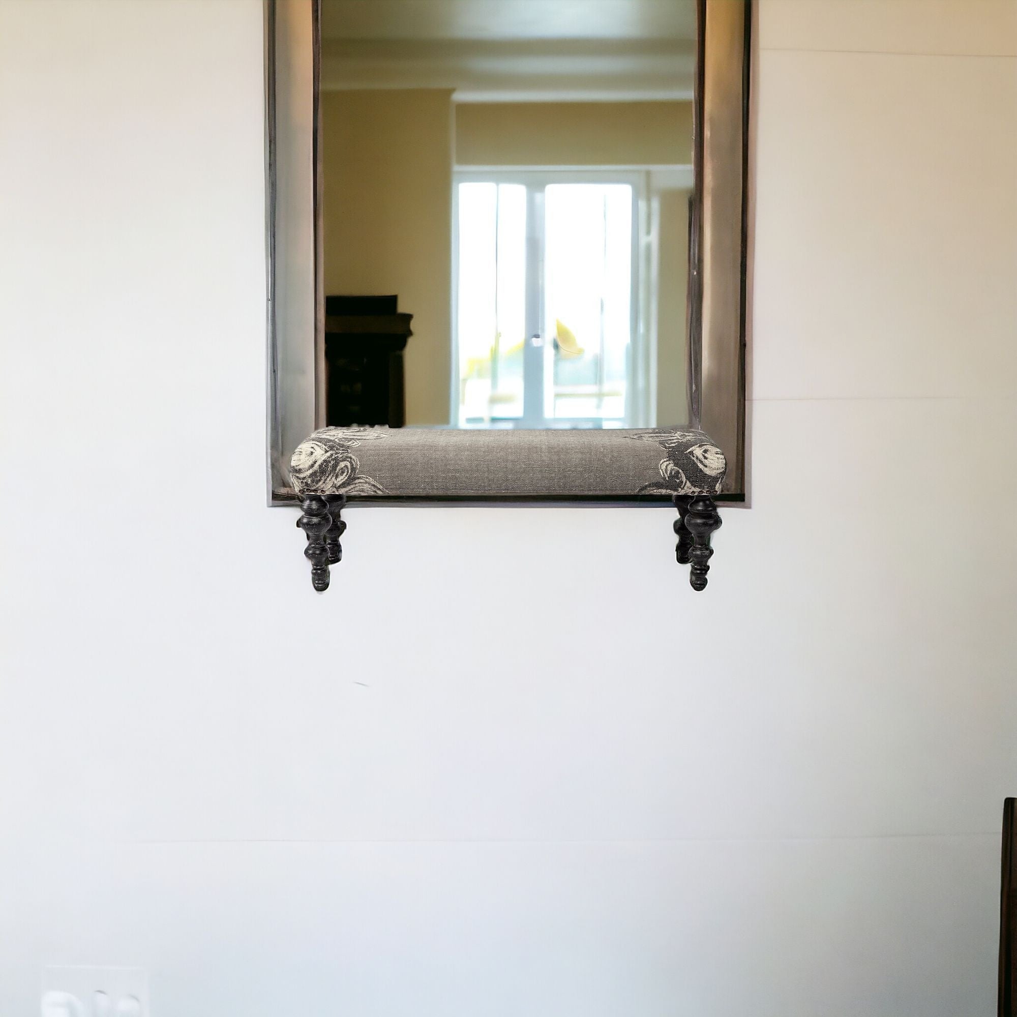 55" Gray and Black Upholstered Cotton Blend Floral Distressed Bench-2