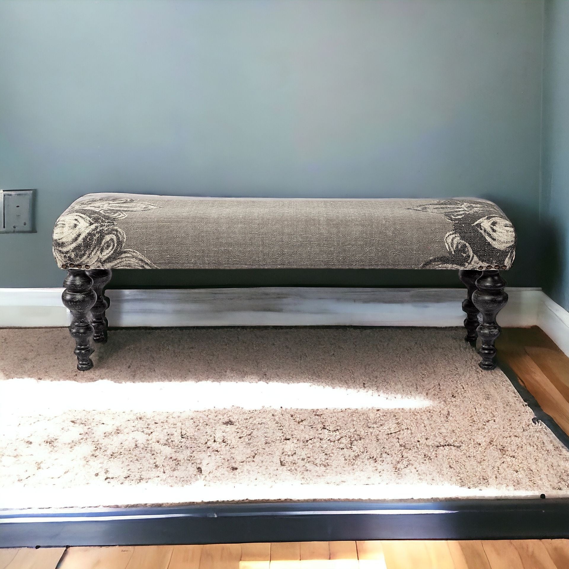 55" Gray and Black Upholstered Cotton Blend Floral Distressed Bench-1