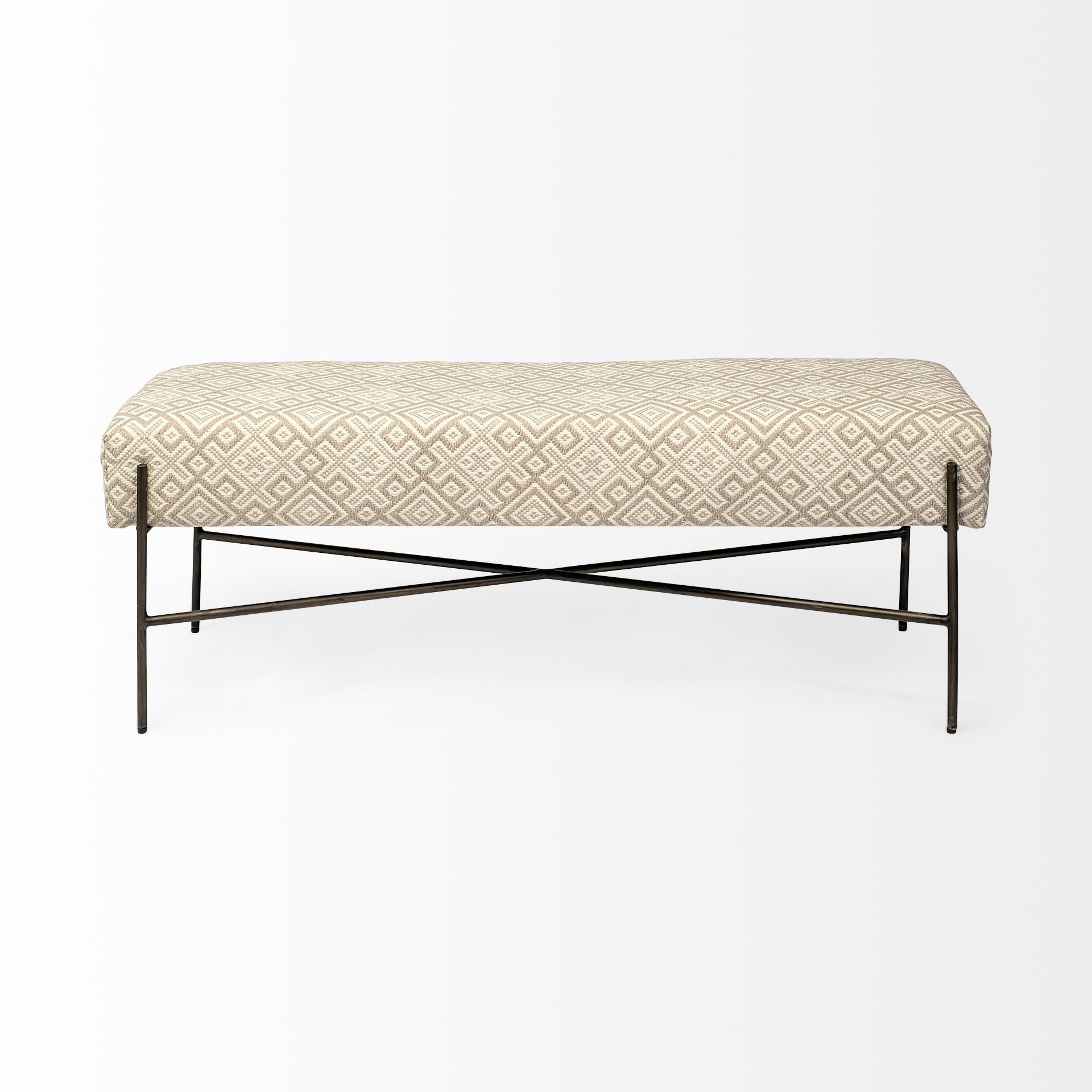17" Cream and Black Upholstered Cotton Blend Geometric Bench-0