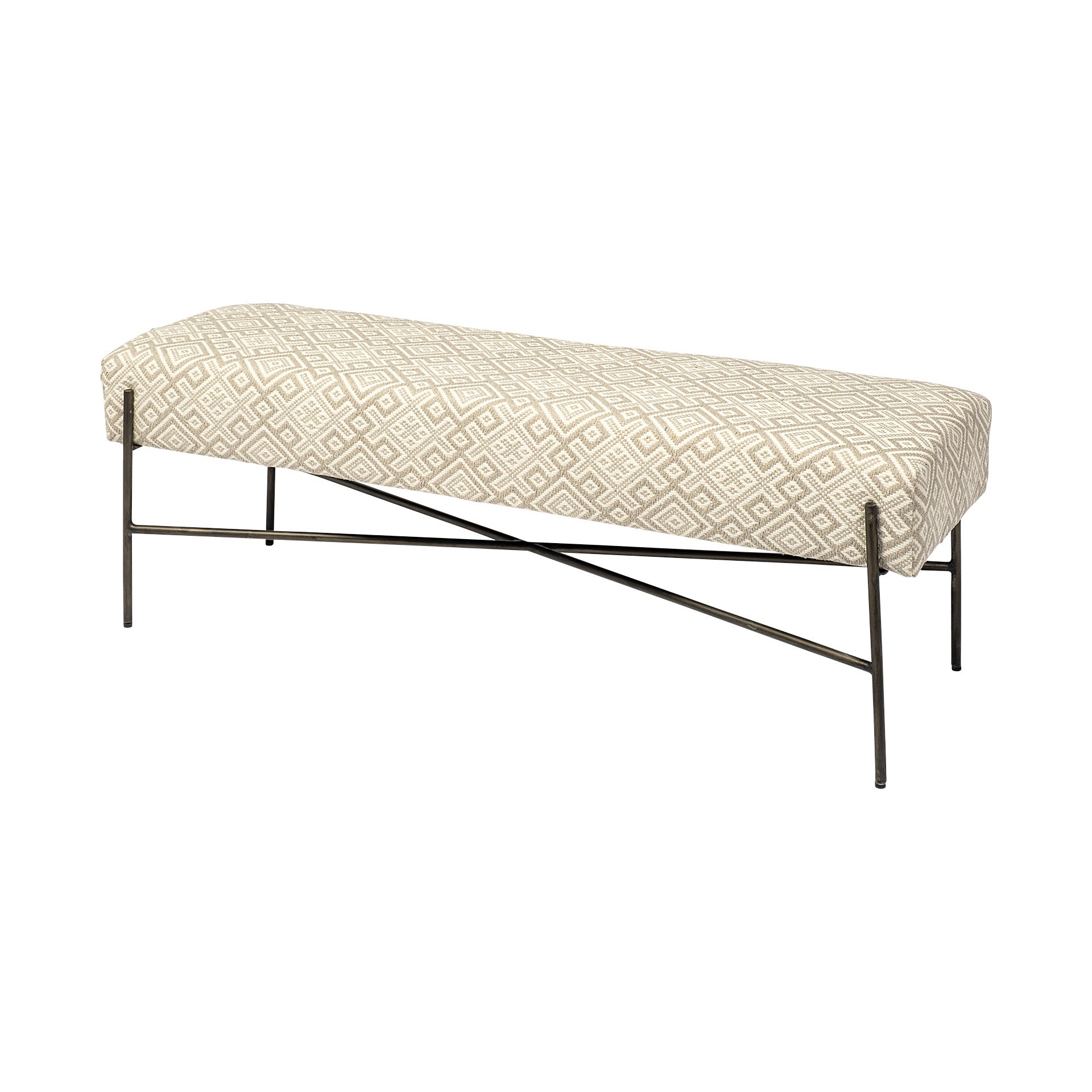 17" Cream and Black Upholstered Cotton Blend Geometric Bench-2