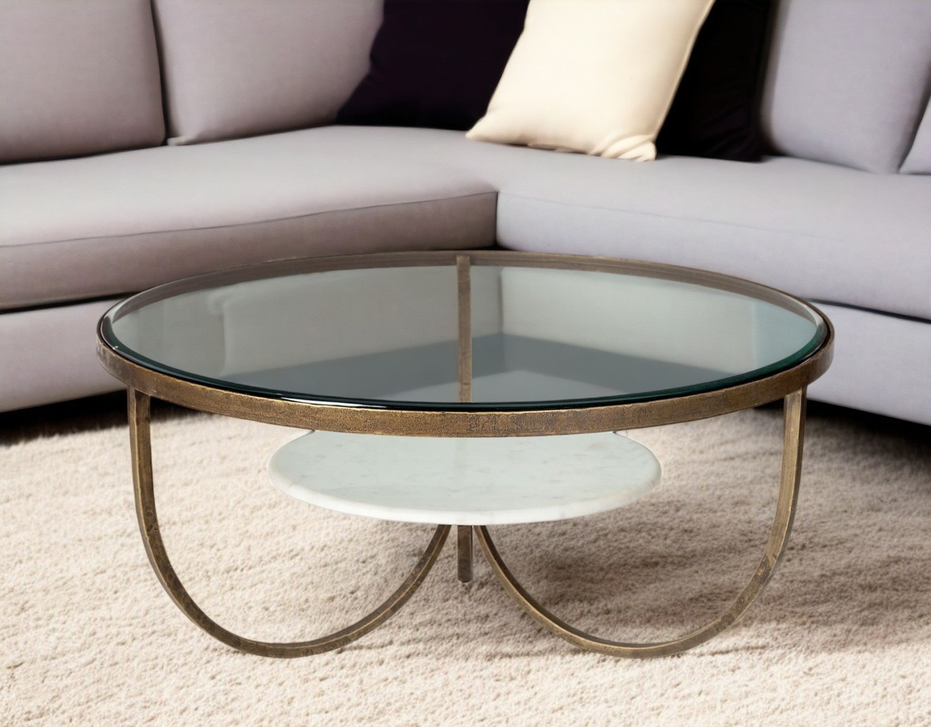 36" Brown and Gold Wood and Metal Round Coffee Table With Shelf-0