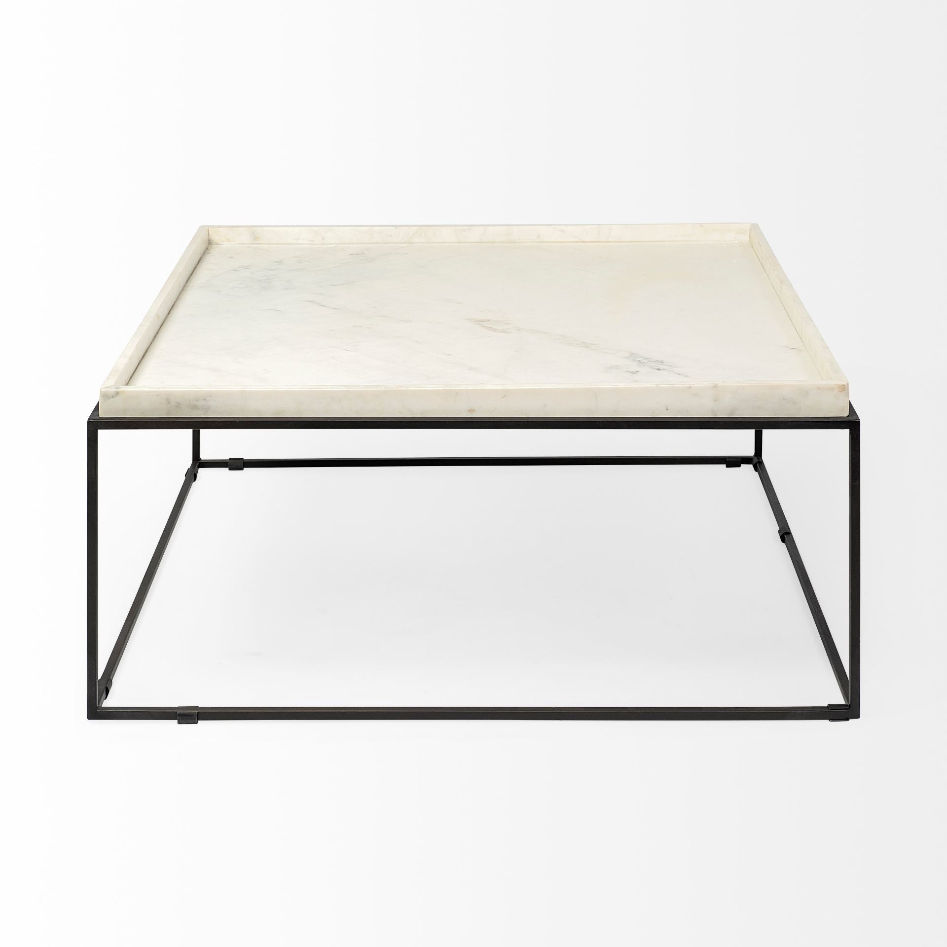 36" White and Black Genuine Marble and Metal Square Coffee Table-2