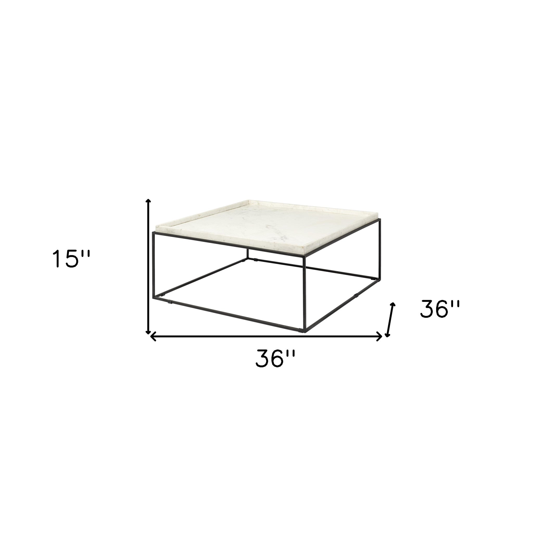 36" White and Black Genuine Marble and Metal Square Coffee Table-7