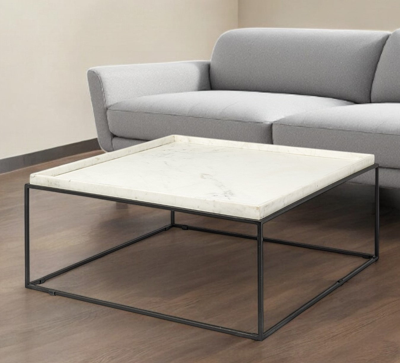 36" White and Black Genuine Marble and Metal Square Coffee Table-0