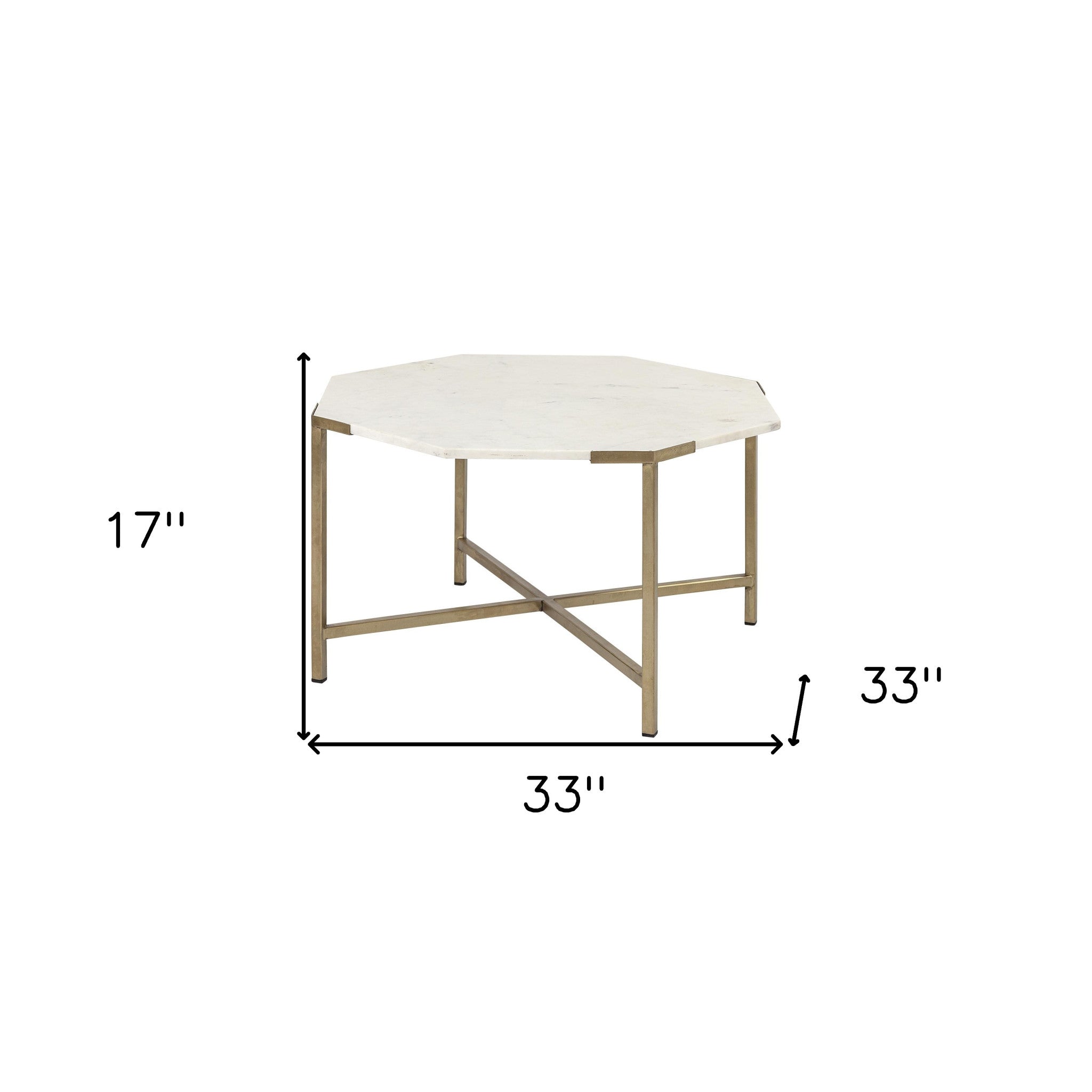 33" White and Gold Genuine Marble and Metal Octagon Coffee Table-4