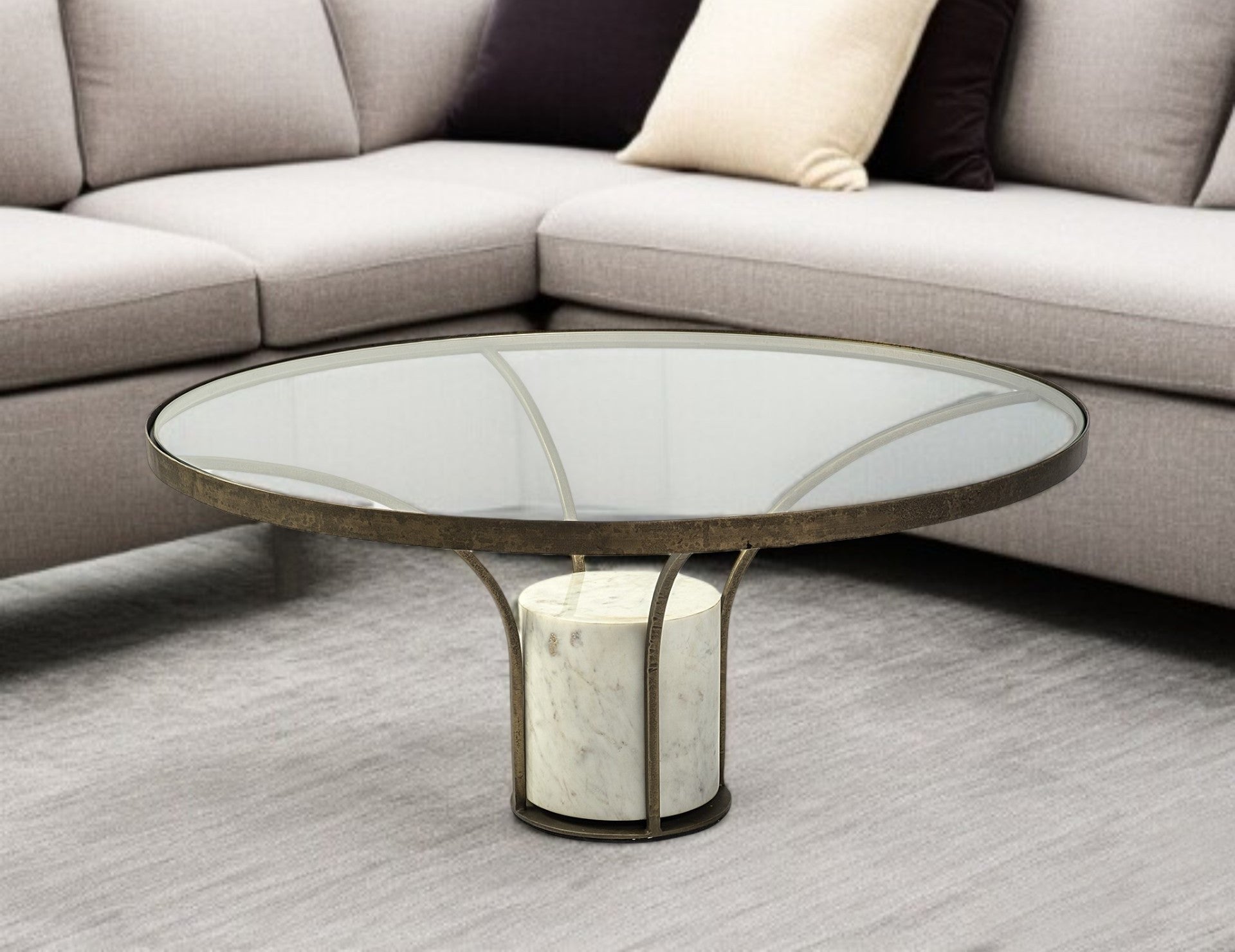 36" Antiqued Gold And White Glass Iron and Marble Round Pedestal Coffee Table-0