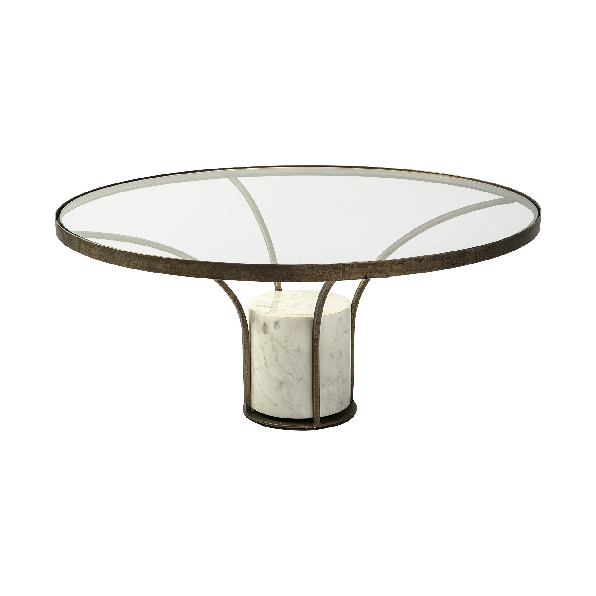 36" Antiqued Gold And White Glass Iron and Marble Round Pedestal Coffee Table-1